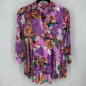 Roamans Womens Crinkle Popover Tunic Blouse Top Size 16W Purple Floral Boho